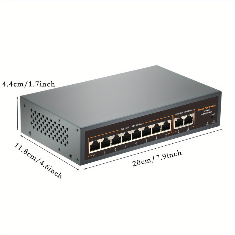 Conmutador PoE de 10 Puertos, con 8 Puertos POE+ y 2 Puertos de Enlace Hacia Arriba Gigabit, Cumple con IEEE802.3af/at, Potencia de hasta 120W, Distancia Extendida de 250 Metros, Diseño Metálico, Conmutador Ethernet No Administrado, Plug and Play