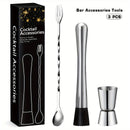 3 piezas de acero inoxidable, juego de mezcladores de cócteles, accesorios de bar con muddler de hielo, cuchara para revolver, taza de medición recta y abridor de botellas, kit de herramientas de bar duraderas para uso doméstico y profesional