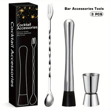 3 piezas de acero inoxidable, juego de mezcladores de cócteles, accesorios de bar con muddler de hielo, cuchara para revolver, taza de medición recta y abridor de botellas, kit de herramientas de bar duraderas para uso doméstico y profesional