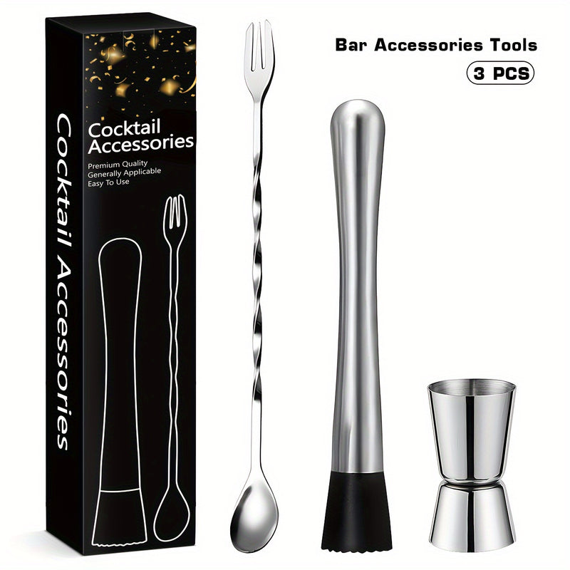 3 piezas de acero inoxidable, juego de mezcladores de cócteles, accesorios de bar con muddler de hielo, cuchara para revolver, taza de medición recta y abridor de botellas, kit de herramientas de bar duraderas para uso doméstico y profesional