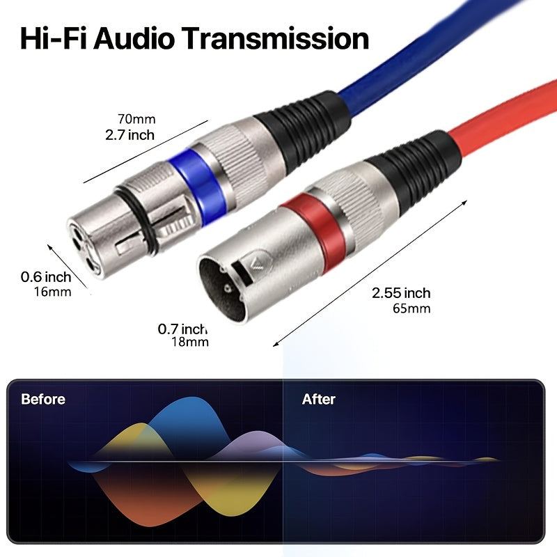 Conjunto de 2 cables para micrófono XLR, 15.24 metros - Macho equilibrado a hembra, doble blindaje con cobre libre de oxígeno y lámina de aluminio, rojo y azul, ideal para micrófonos, iluminación escénica y actuaciones en vivo