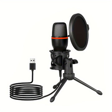 Micrófono de condensador USB profesional RGB para gaming, plug & play, con trípode y filtro pop-up, ideal para grabación en estudio, streaming, podcasts y juegos, conexión MicroUSB, color rojo/negro