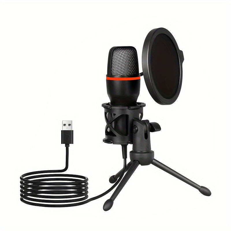 Micrófono de condensador USB profesional RGB para gaming, plug & play, con trípode y filtro pop-up, ideal para grabación en estudio, streaming, podcasts y juegos, conexión MicroUSB, color rojo/negro