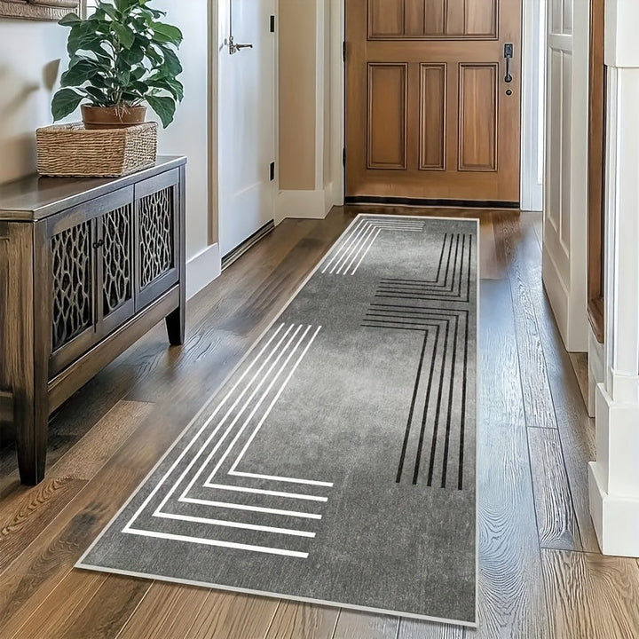 Alfombra geométrica moderna, 1 unidad - Liviana, antideslizante, lavable a máquina, de poliéster, para pasillo, dormitorio, cocina, baño - Diseño rectangular con patrones en zigzag en blanco y gris, tapetes para sala