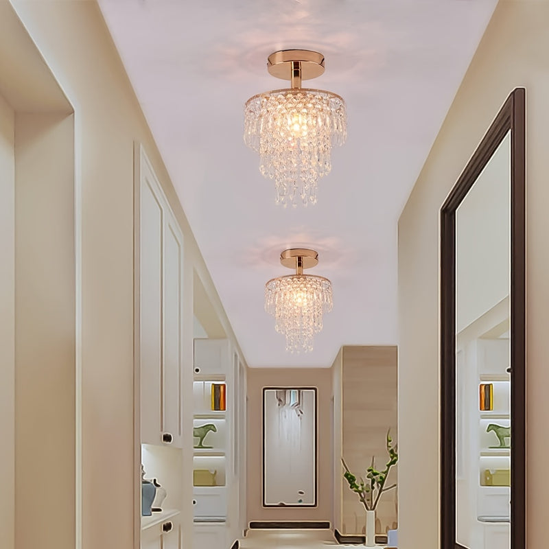 Lámpara de Techo Moderna Mini Cristal - Diseño de Gota de Lluvia de 3 Niveles, Montaje Empotrado con Acabado Dorado para Dormitorio de Niñas, Sala de Estar, Comedor - Incluye Bombilla