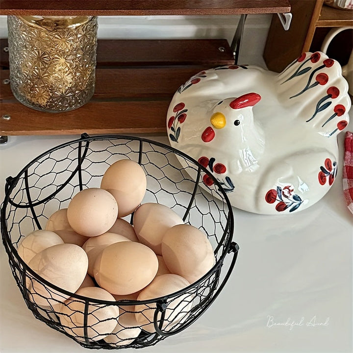 Cesta de huevos de alambre de metal cerámico rústico con tapa - Organizador de almacenamiento de cocina multifuncional para frutas y verduras, decoración duradera y elegante con diseño floral, soporte de huevos para refrigerador.