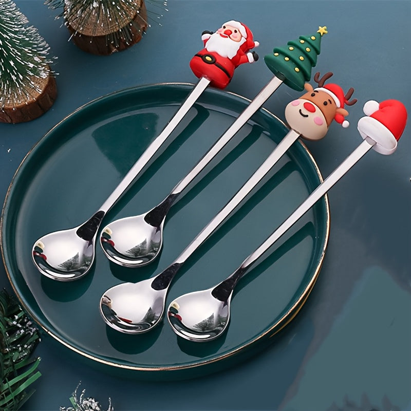Juego de 4 Cucharas de Café Navideñas - Acero Inoxidable, Diseños de Santa y Reno para Cenas Festivas