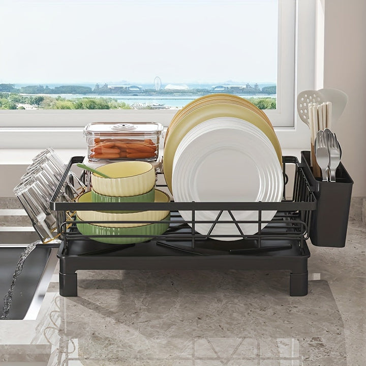 1 pieza de escurridor de platos para cocina: escurridor de platos con escurridero y soporte de utensilios extraíble para fregadero, color negro