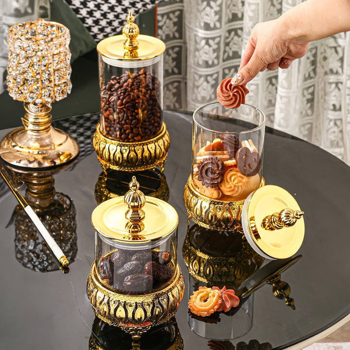 1pc Tarro de vidrio sellado hecho a mano con marco de acero inoxidable dorado, recipiente de almacenamiento de cocina para suministros de té, azúcar, caramelos, galletas, pan, ideal para bodas, regalo, cumpleaños, Navidad