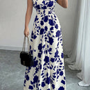 Elegante vestido largo de flores rosas con cuello en V y mangas cortas - Silueta de línea A que fluye, cintura ceñida, perfecto para primavera/otoño, ropa casual a formal, ropa elegante casual | Vestido con estampado floral | Diseño de cintura ceñida