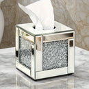 Lujo Caja de Pañuelos de Vidrio con Diamantes Triturados - Exquisito Soporte Cuadrado con Espejo y Cristales Brillantes para Decoración de Baño, Tocador y Mesa - Perfecto para Decoraciones de Halloween y Navidad