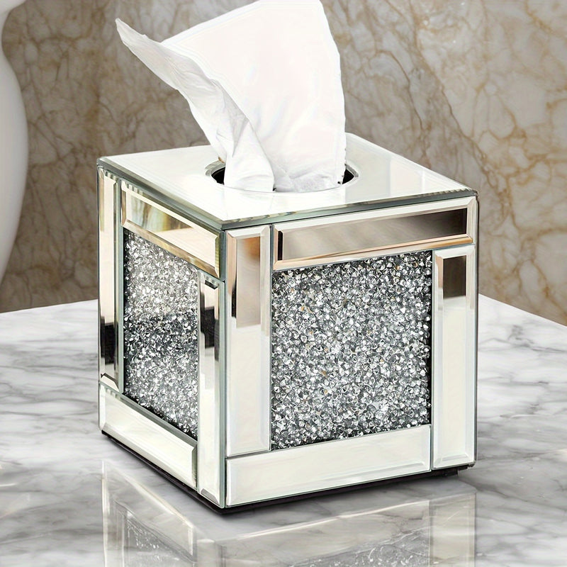Lujo Caja de Pañuelos de Vidrio con Diamantes Triturados - Exquisito Soporte Cuadrado con Espejo y Cristales Brillantes para Decoración de Baño, Tocador y Mesa - Perfecto para Decoraciones de Halloween y Navidad