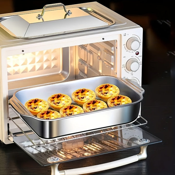 Juego de sartenes para asar hechas de acero inoxidable con tapas - Antiadherentes, robustas, plato de parrilla con dos asas, bandeja de horno versátil para postres, panes y mariscos - Perfecta para barbacoas, bufets y ocasiones festivas