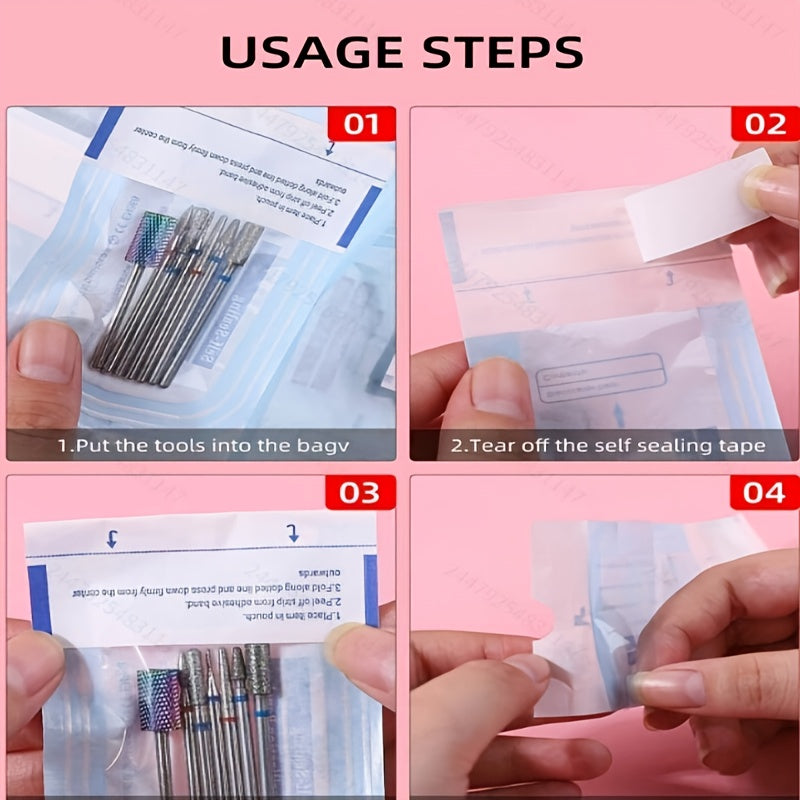 100 bolsas desechables para herramientas de uñas, bolsas de limpieza para herramientas dentales, bolsas de almacenamiento en papel PE con indicadores autoadhesivos y funcionales para desinfección
