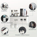 Soporte de Pared para Cepillos de Dientes con Dispensador Automático - 6 Ranuras, Vasos Magnéticos, Cajón para Cosméticos y Bandeja de Almacenamiento - Organizador de Baño Elegante en Negro