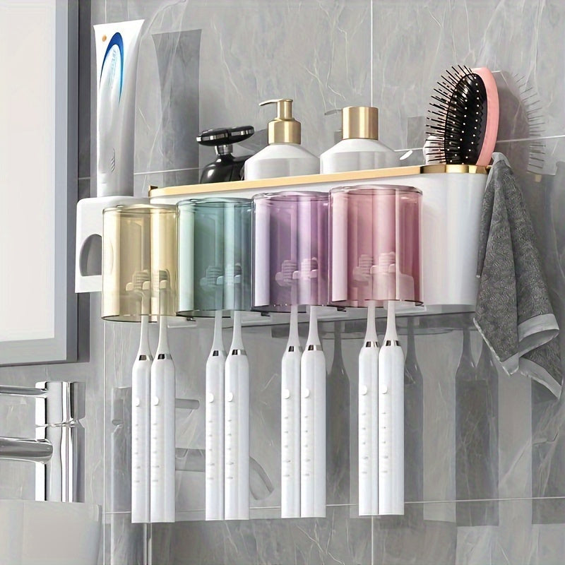 1pc Soporte multifuncional de lujo para cepillos de dientes y estante para tazas - Almacenamiento de pasta de dientes y enjuague bucal montado en la pared con exprimidor incorporado - Organizador de baño que ahorra espacio hecho de plástico duradero