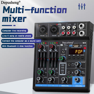 Depusheng M4 Mezclador de Audio de 4 Canales - Grabación USB, Alimentación Phantom de 48V, Ideal para Estudios y Actuaciones en Vivo