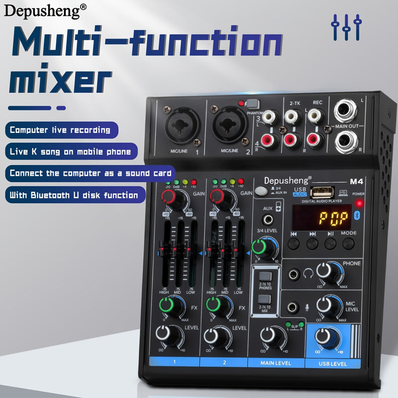 Depusheng M4 Mezclador de Audio de 4 Canales - Grabación USB, Alimentación Phantom de 48V, Ideal para Estudios y Actuaciones en Vivo