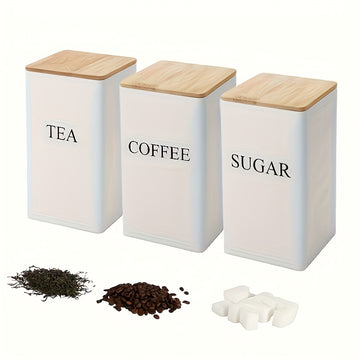 Juego de 3 contenedores de almacenamiento de metal elegantes con tapas de bambú - Perfectos para té, café y azúcar, con un diseño apilable, ideal para la organización y almacenamiento de la cocina.