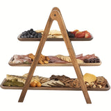 Bandeja de Servir de Madera de Acacia de 3 Niveles - Diseño Elegante en Forma de Escalera, Organizador Duradero para Cocina y Expositor de Buffet para Hogar, Hotel o Restaurante