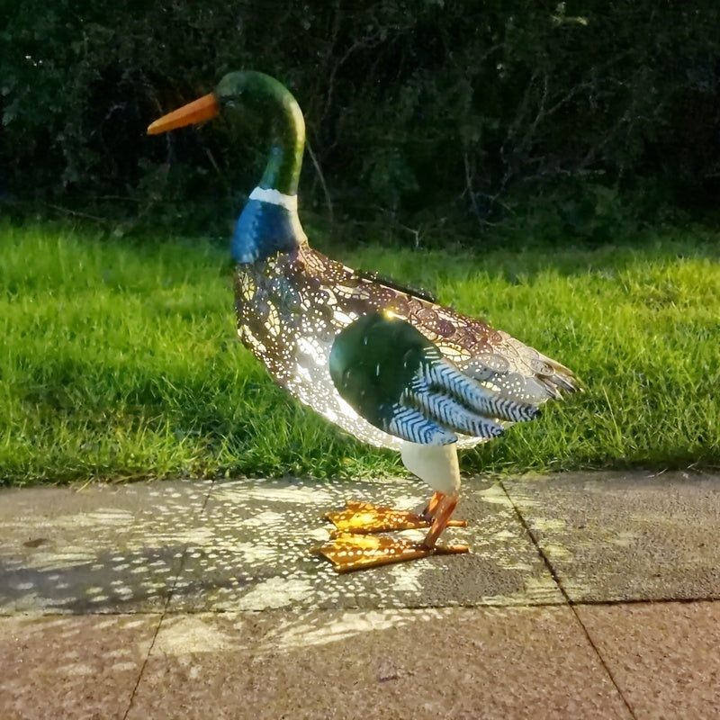 Estatuilla de pato de metal con energía solar, señuelo de garza con pátina, decoración resistente a la oxidación para jardín, hogar, oficina y fiestas temáticas, esculturas de grulla, decoración de escenas y festivales