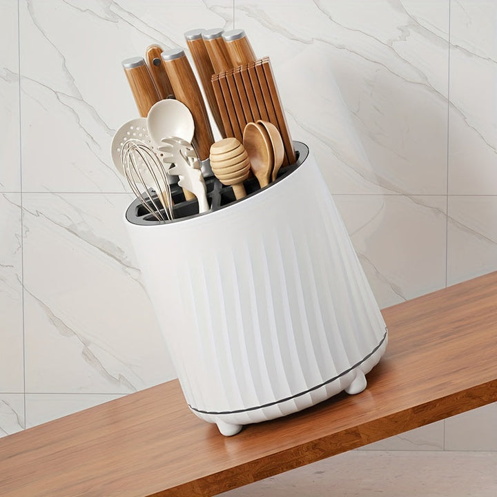 Soporte Giratorio de 360° para Cuchillos y Utensilios - Elegante Estantería de Cocina Blanca con Mangos de Madera, Diseño de Múltiples Compartimentos para Palillos, Cuchillos y Más - Plástico Duradero, Organizador de Encimera que Ahorra Espacio