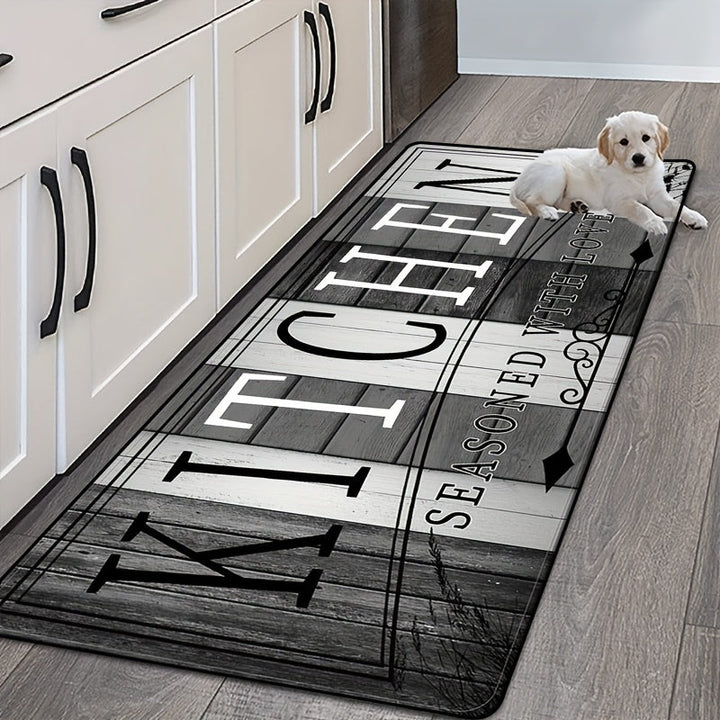 Alfombra de Cocina de Terciopelo Cristal | Fibra de Poliéster Duradera | Antideslizante, Lavable a Máquina | Multiusos para Cocina, Lavandería y Pasillo | Diseño Moderno en Blanco y Negro con Patrón de Tablón de Madera | Acolchado Cómodo, Alfombra para e