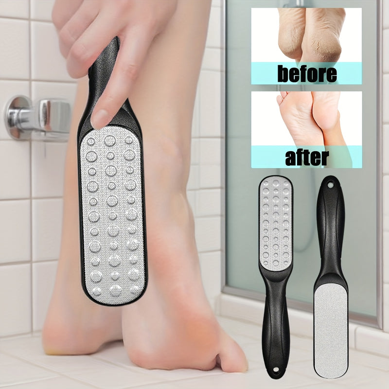 TATUKIKO Lijadora de pies de acero inoxidable de doble cara - Mango de plástico antideslizante portátil para luz muerta beige y eliminación, uso doméstico, herramienta de cuidado de pies, diseño ergonómico, construcción duradera