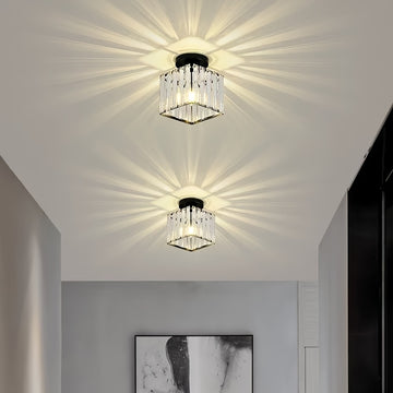 Lámpara de techo moderna con colgante de cristal - Marco de metal negro elegante, montaje semi-inclinado, brillo cálido para sala de estar, dormitorio o oficina, no se requiere cableado, perfecto para decoración moderna de hogar, lámparas colgantes para