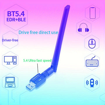 Adaptador inalámbrico USB 5.4 con una distancia máxima de transmisión de 150 metros sin retrasos, enchufa y juega para dispositivos variados como computadoras, auriculares, teclados, ratones y altavoces, permitiendo conexiones rápidas.