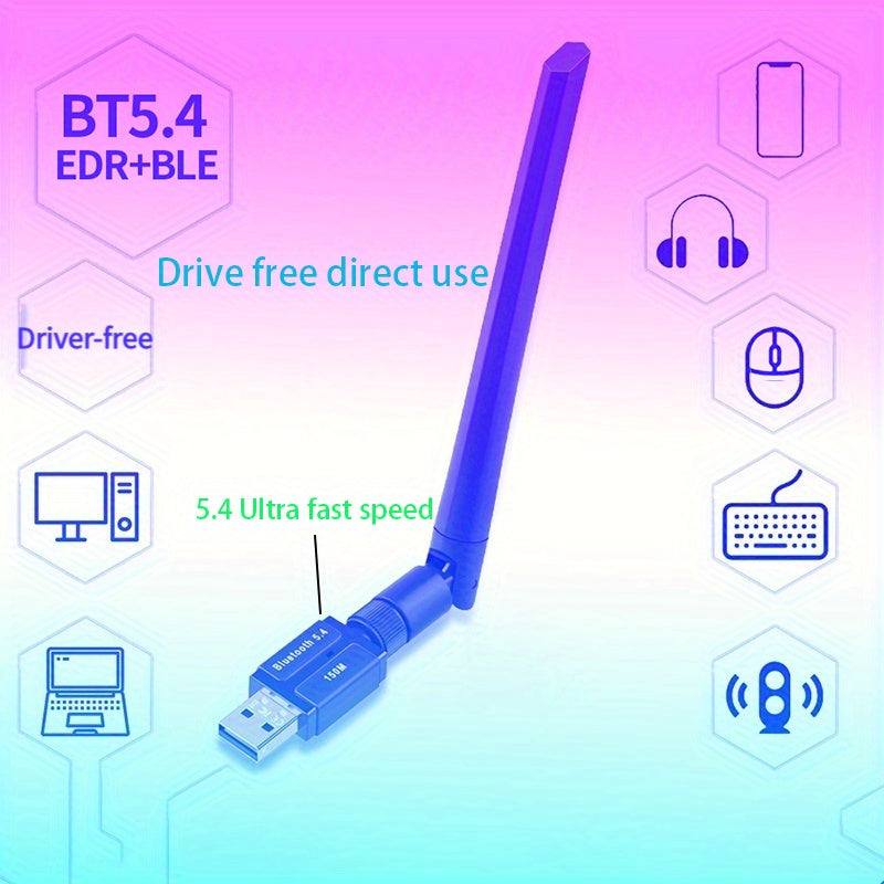 Adaptador inalámbrico USB 5.4 con una distancia máxima de transmisión de 150 metros sin retrasos, enchufa y juega para dispositivos variados como computadoras, auriculares, teclados, ratones y altavoces, permitiendo conexiones rápidas.