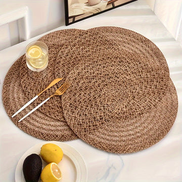6pcs Elegantes Manteles Redondos Bohemios - Antideslizantes y Aislados Térmicamente de Yute Natural, Fáciles de Limpiar para Cenas, Comidas Familiares & Uso Diario, Tapetes de Cocina, Vajilla Rústica, Solo Lavado a Mano