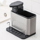 1 pieza, dispensador de jabón para fregadero de cocina de acero inoxidable con soporte para esponja, bandeja organizadora 3 en 1 para líquido de lavado de platos y esponjas, soporte de drenaje, almacenamiento de encimera para cepillos de limpieza y platos