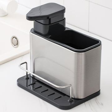 1 pieza, dispensador de jabón para fregadero de cocina de acero inoxidable con soporte para esponja, bandeja organizadora 3 en 1 para líquido de lavado de platos y esponjas, soporte de drenaje, almacenamiento de encimera para cepillos de limpieza y platos