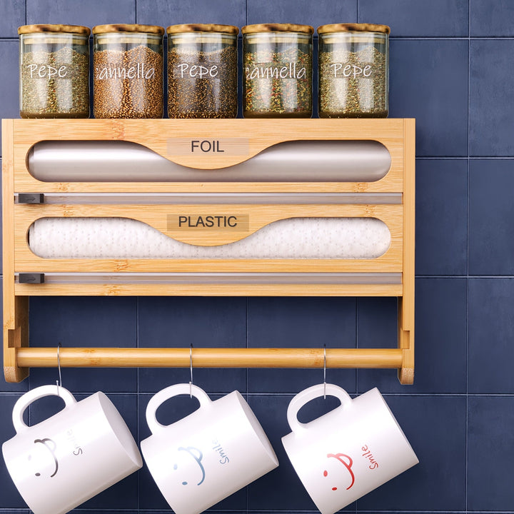 [Rollos de Bambú en la Pared] Portarrollos de Tejido de Bambú Montado en la Pared - 1 ud Dispensador de Envoltura de Plástico con Caja de Corte de Múltiples Compartimentos