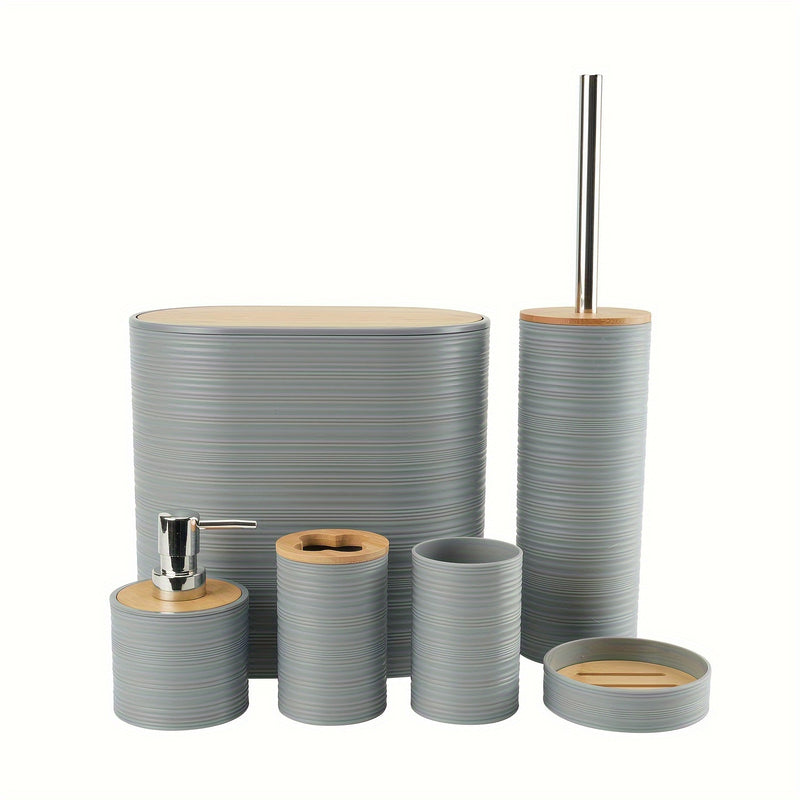 Juego de baño de 6 piezas con tapas de bambú, portacepillo de plástico, dispensador de jabón, vaso para cepillo de dientes, vaso enjuagador, jabonera, bote de basura, decoración para baño, reutilizable, de plástico y para piso