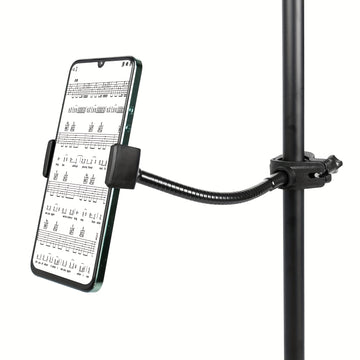 Un soporte para teléfono móvil para micrófono, hecho de material PP; la cabeza de bola metálica puede rotar 360°, con un cuello flexible que se puede ajustar a cualquier ángulo; el abrazadera en forma de O es más estable y más ajustado; dos colectores de