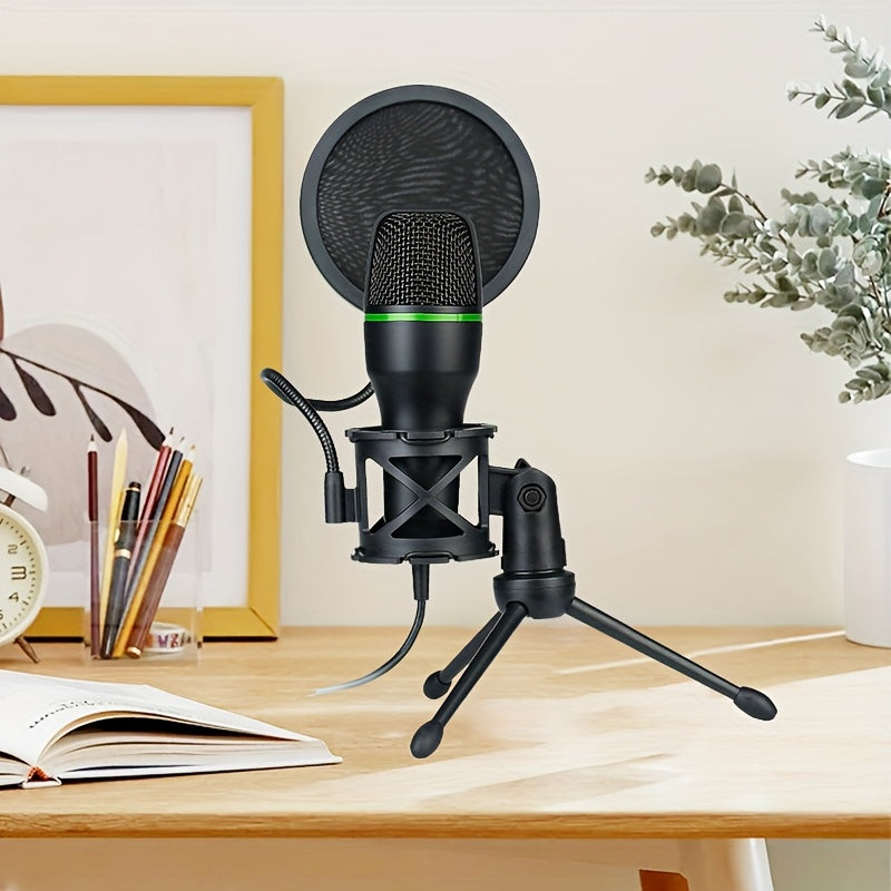 Micrófono de juego de 3,5 mm con alimentación USB, filtro de pop y soporte ajustable - Micrófono de voz con cancelación de ruido para transmisión en vivo, grabación, KTV - Negro, micrófono para juegos, configuración de transmisión, diseño elegante, const