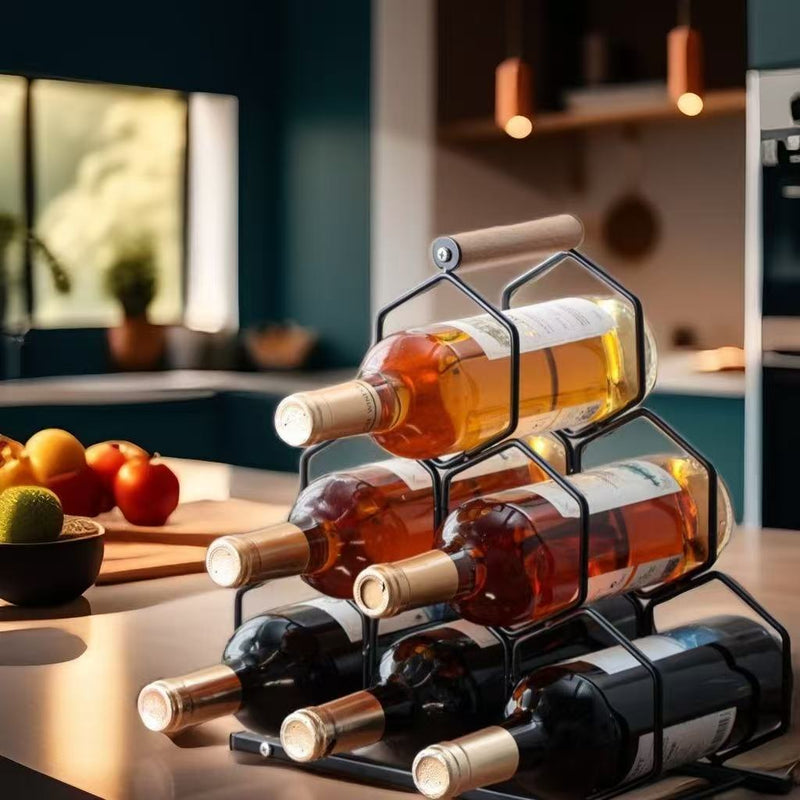 Un soporte de vino creativo que puede almacenar seis botellas, ideal para armarios de vino en casa y áreas de comedor de lujo.