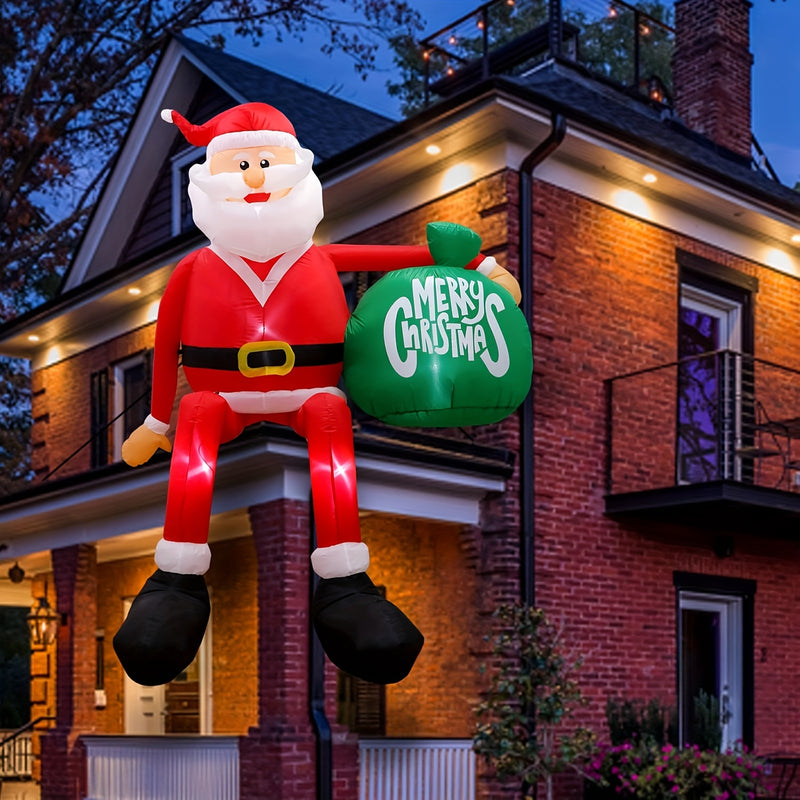 Papá Noel inflable en el techo con bolsa verde decoración de jardín, tema de vacaciones de Navidad, material de poliuretano, con luces LED, para montaje en techo, alimentado por enchufe de 120V EE. UU.