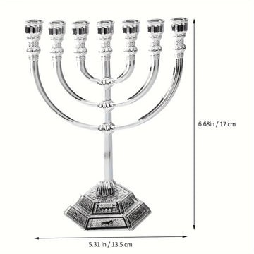 Menorah de 7 ramas tradicional de Hanukkah, candelabro de metal estilo templo dorado para decoración religiosa y festiva en el hogar, 1 pieza