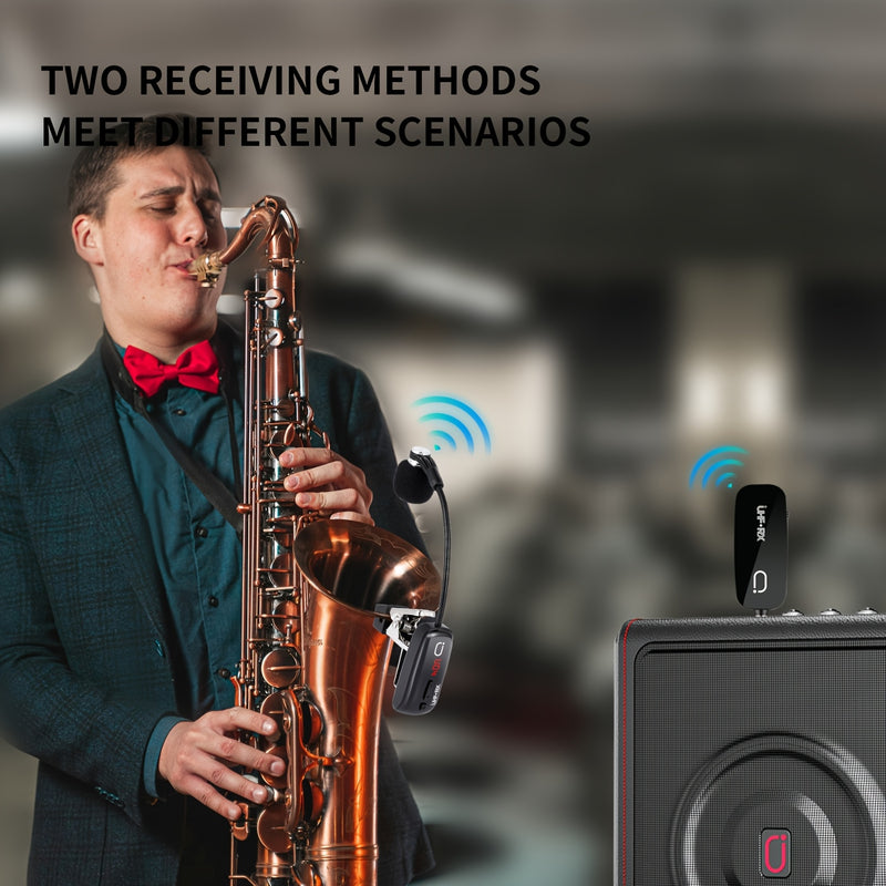 Sistema de Micrófono sin varillas UHF para Saxofón, Micrófono Clip-On para Instrumentos con Transmisor y Receptor, Distancia de Transmisión hasta 48.77 metros, Recargable Apto para Trompeta, Trompa, Violonchelo, Incluye Estuche de Almacenamiento