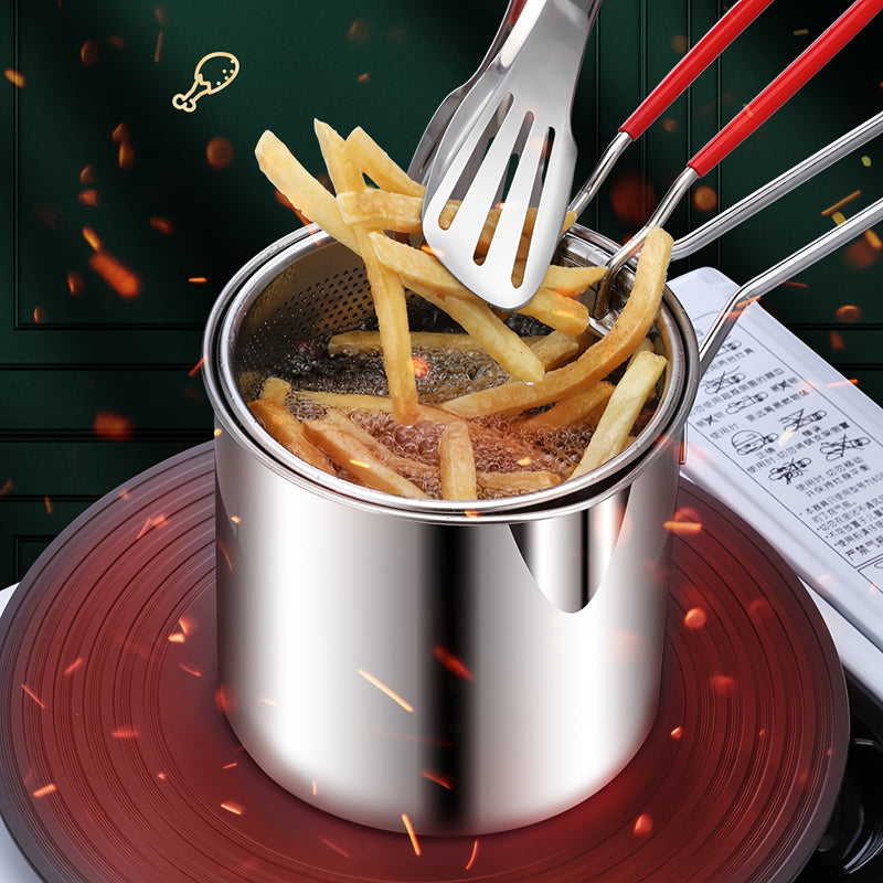 Freidora de acero inoxidable con cesta y clip - Mini freidora de 1,2 l sin carga y de bajo consumo para cocinas de inducción y gas, perfecta para freír patatas fritas, pollo, nuggets - Utensilios de cocina con mango