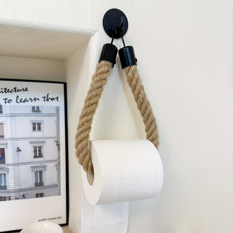 1 unidad de portarrollos de papel higiénico autoadhesivo de cuerda de cáñamo para pared, organizador de toallas para uso en el hogar