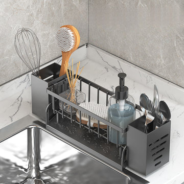 Estantería de Cocina Multifuncional y Compacta con Diseño Autodrenante, Portapalillos, Cuchillo, Tenedor, Cuchara y Toallero, Ideal para Barcos y Yates, 33.5 x 7.8 x 10.5cm, Construcción Metálica Negra, Almacenamiento en la Cocina del Barco | Elegante Es