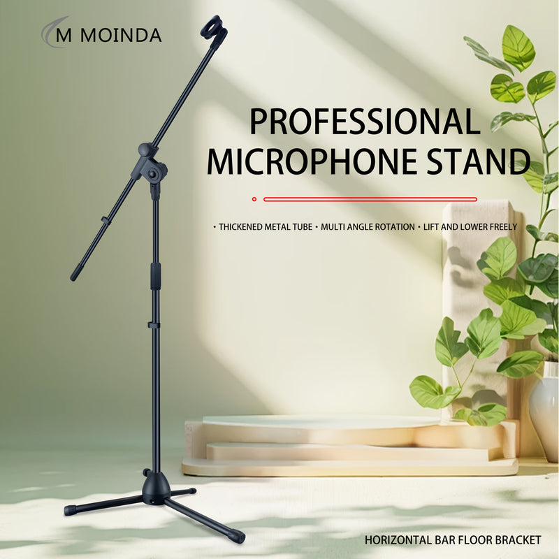 Soporte de Micrófono Trípode Resistente con Brazo Ajustable - Soporte Profesional para Estudio y Directos, Construcción Inclinada en Tubo, Base Horizontal para Suelo - Compatible con Clip de Micrófono para Grabación en Casa, Podcasting, Bodas, Conciertos