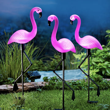 Juego de 3 luces solares de flamencos, decoración para jardín exterior, adorno de flamencos, regalo para cumpleaños, Navidad o casa nueva, ideal para patio, césped o pasillos