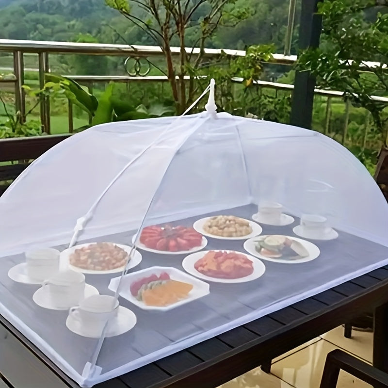 Cubierta de malla blanca grande para alimentos, plegable y lavable, carpa para picnics al aire libre, asados y fiestas, diseño de malla transparente, refugio portátil para alimentos con soporte de postes resistentes, accesorios para picnic, esenciales pa