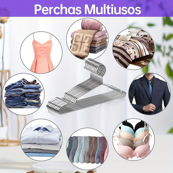 Conjunto de 20 Perchas Metálicas Premium - Antideslizantes, Resistentes y Antióxido, Acero Inoxidable con Acabado Pulido, Ranuras Mejoradas para el Hombro para Organización del Armario, Estantería Ahorradora de Espacio para Abrigos, Vestidos y Más, Ideal