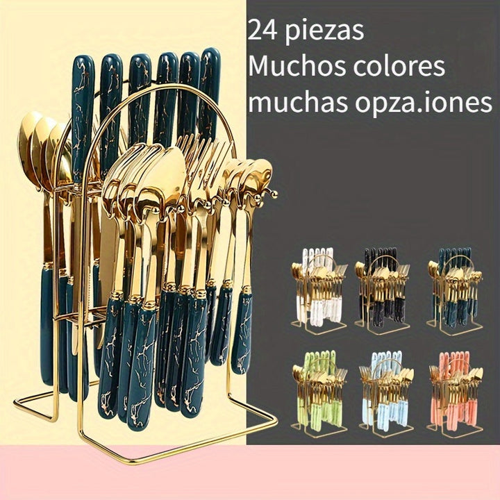Juego de Cubiertos de Acero Inoxidable de 24 Piezas con Mangos de Cerámica, Cubiertos Elegantes para Comidas y Postres, Incluye Cuchillos, Tenedores, Cucharas, Cucharitas - Ideal para Uso en Casa, Restaurante, Hotel, Utensilios de Cocina